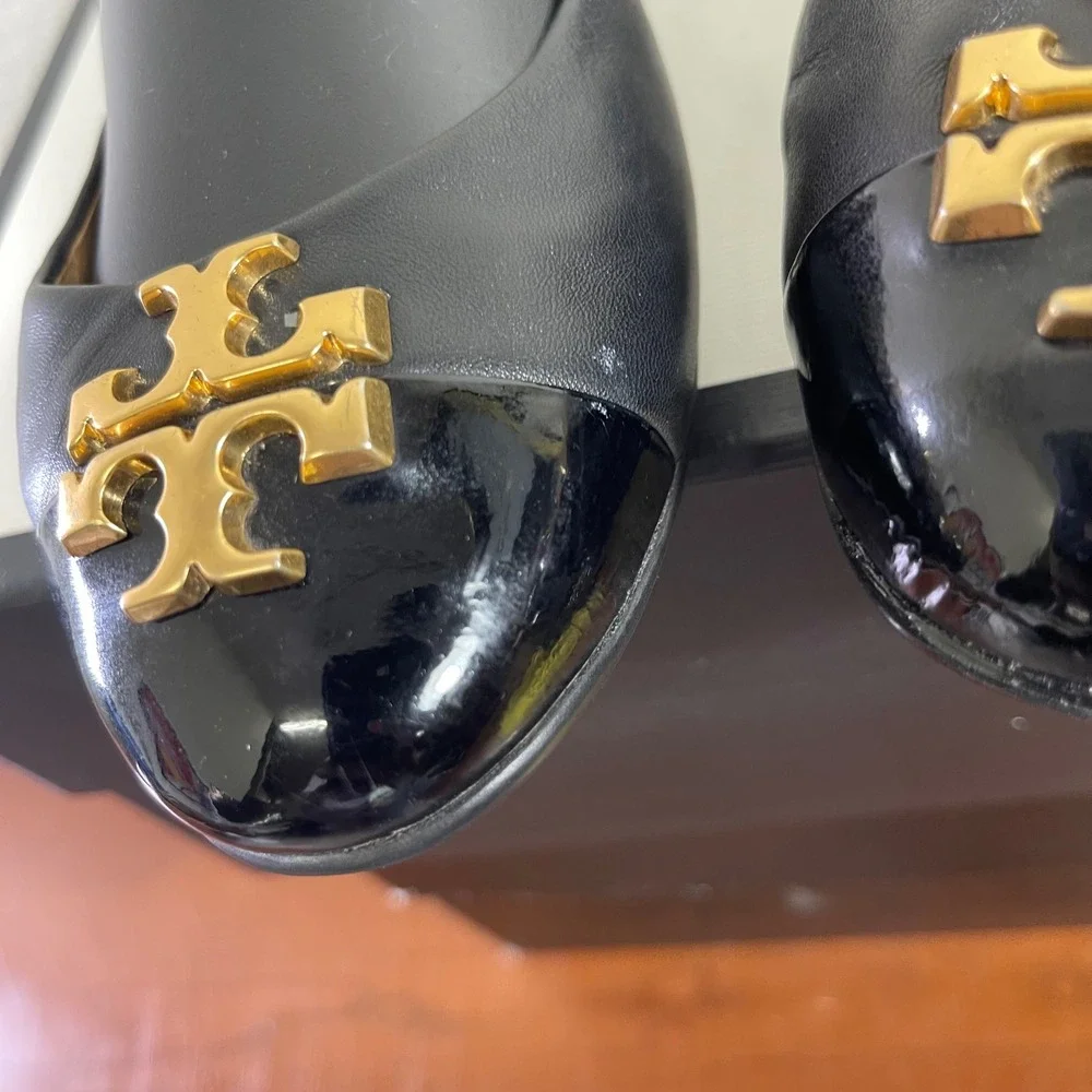 Tory Burch Everly Cap Toe Black Leather Gold Logo Ballet Flats Shoes Womens 8.5